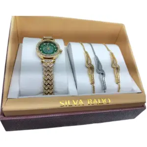 طقم ساعة ذهبية بالميناء الأخضر مرصعة بالأحجار مع 3 أساور أنيقة